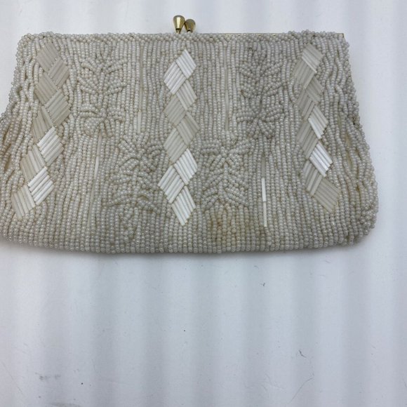 Du-Val Beaded Mini Purse Creamy White 1950's Floral - Picture 2 of 5
